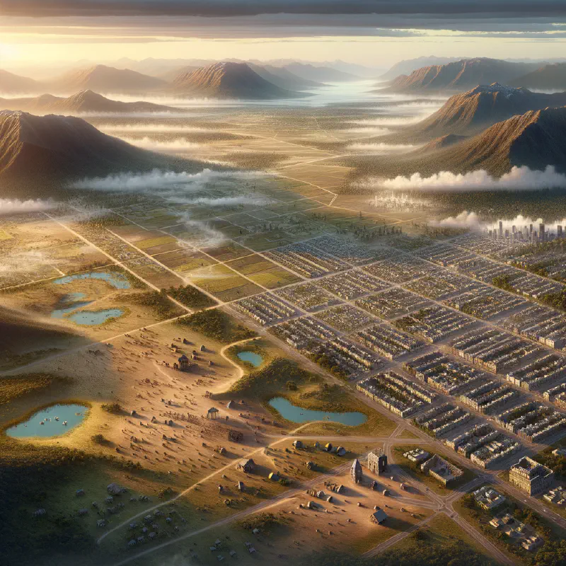 Dall-E-3: Create a visual for a blog post about &lsquo;pioneers, settlers, and town planners&rsquo;, a concept from Simon Wardley. Do this in a photorealistic way. Do not include people.