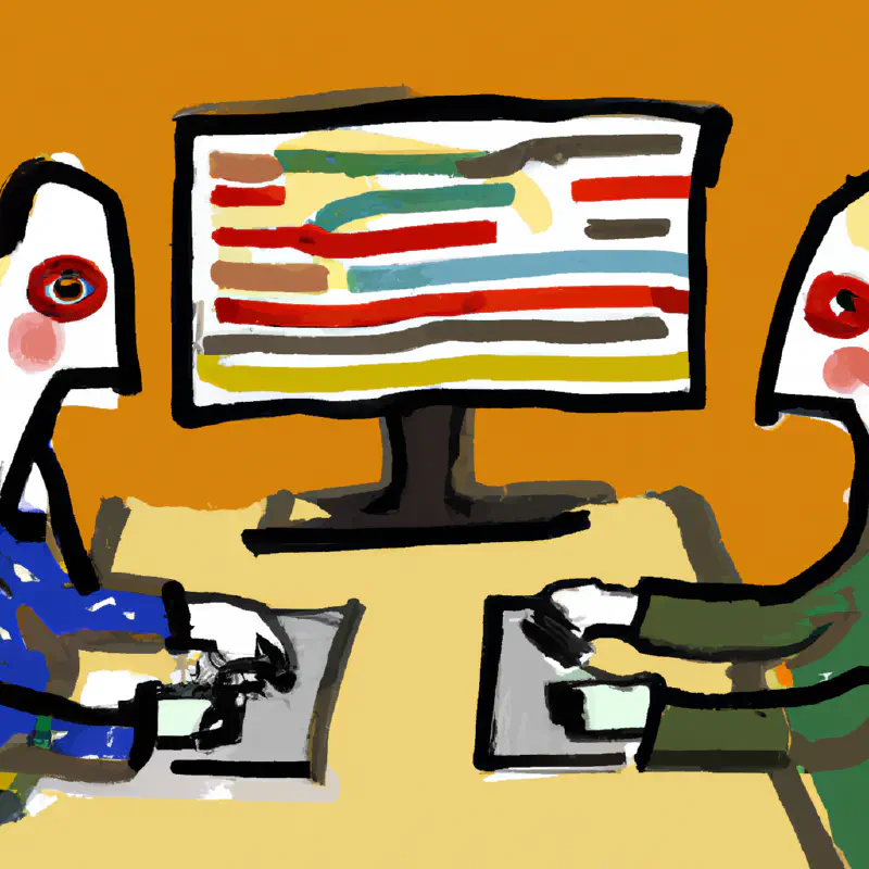 two people in front of a computer doing pair programming in the style of a picasso painting (DALLE)